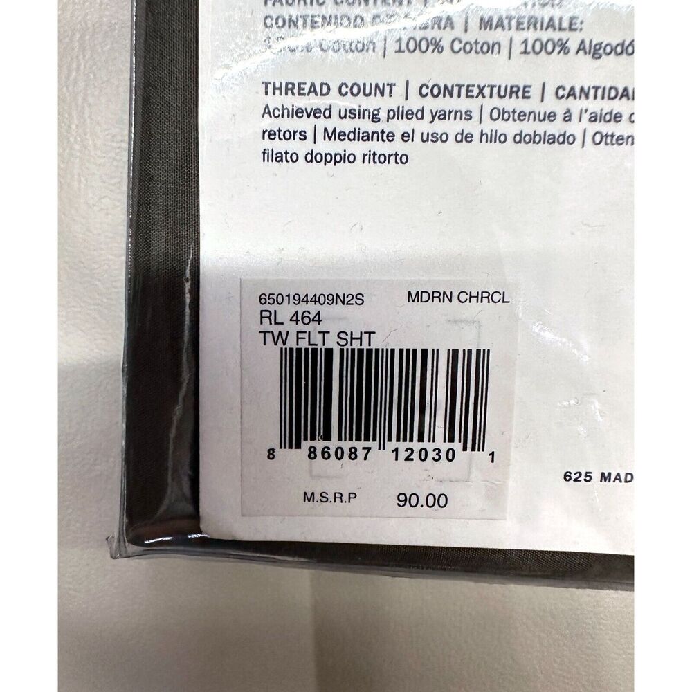 Ralph Lauren RL 464 Solid Percale Twin Flat Sheet Modern Charcoal Cotton NEW - Picture 4 of 6